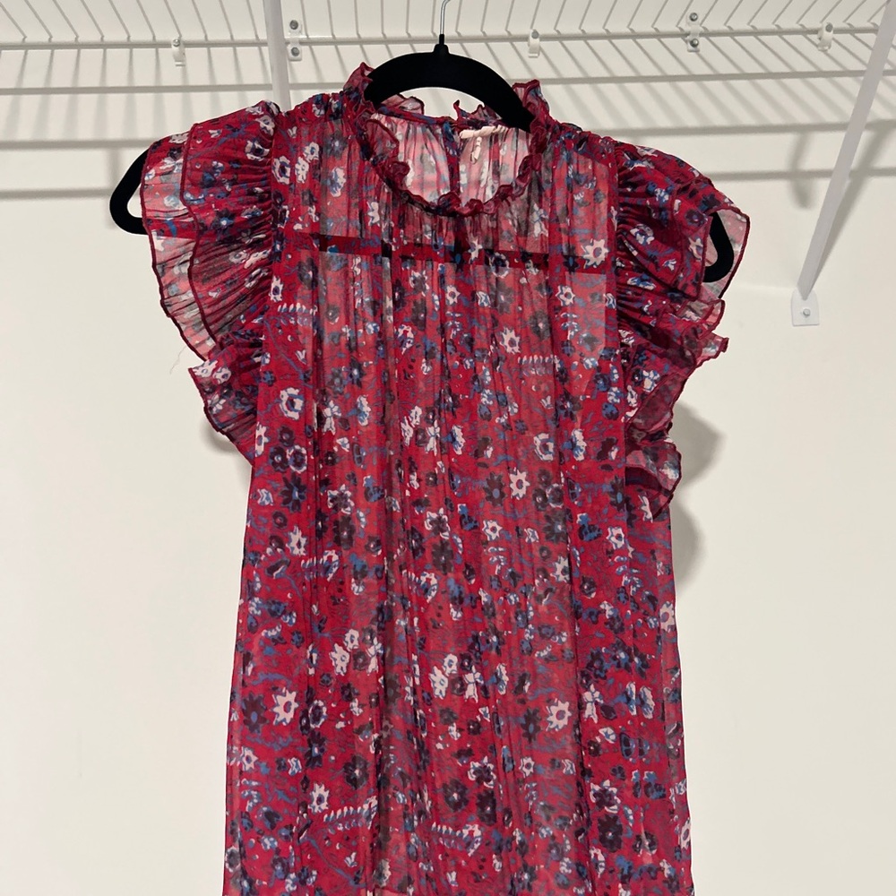 Anthropologie Red Floral Ruffle-Sleeve Blouse